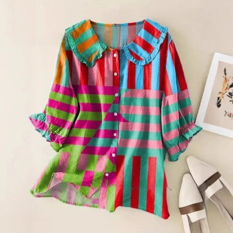 Linglong hemp 3D digital printing abstract, women's long-sleeved buckle lapel shirt m303181