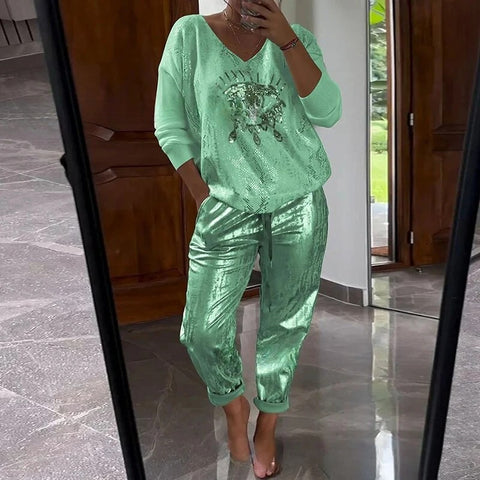 Women's Long Sleeve Printed Top Pants Set of Two M302301