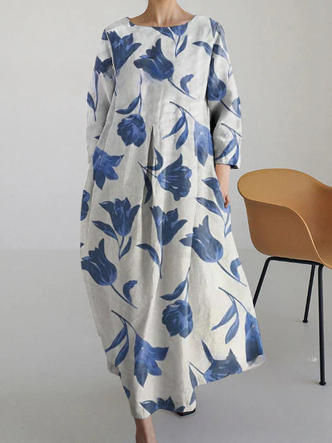 Women's loose crew neck fashion high-end long-sleeved printed dress m301049