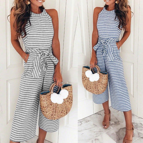 Slim Lace-up Sexy Striped Crew Neck Jumpsuit M302365