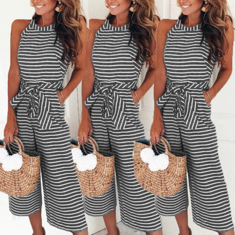 Slim Lace-up Sexy Striped Crew Neck Jumpsuit M302365