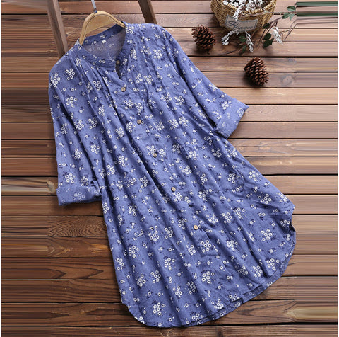 Women's shirt V-neck pleated flower print long-sleeved casual top shirt m301874