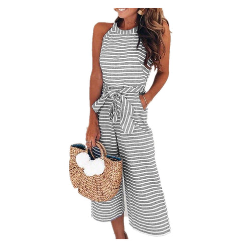 Slim Lace-up Sexy Striped Crew Neck Jumpsuit M302365