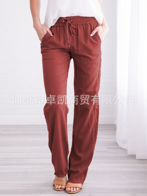 Solid color cotton and linen loose drawstring casual wide-leg trousers women's m301572