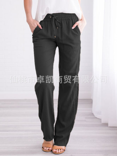 Solid color cotton and linen loose drawstring casual wide-leg trousers women's m301572