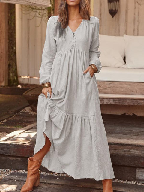 Button cotton and linen retro casual long-sleeved dress big swing long dress multi-color m301374