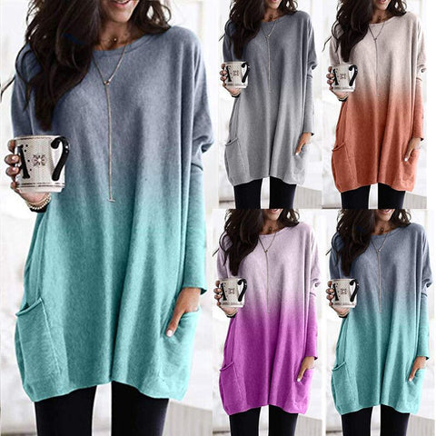 Gradual change color long sleeve casual pocket t-shirt m300380