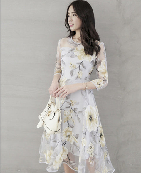 Eugen yarn seven-quarter sleeve crew neck fashion medium and long women's big swing skirt FF303506