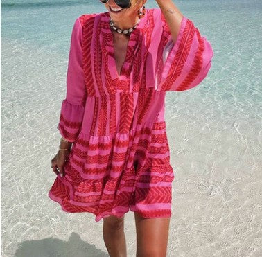 Printed dress loose V-neck chiffon pleated short skirt m300054