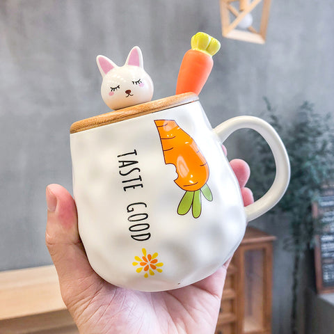 Ins cartoon radish rabbit wooden cover ceramic cup