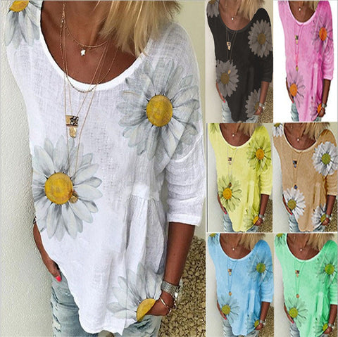 Chrysanthemum print crew neck seven-quarter sleeve T-shirt women's m300893