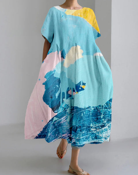 Women's loose crew neck fashion high-end short-sleeved printed dress m301052