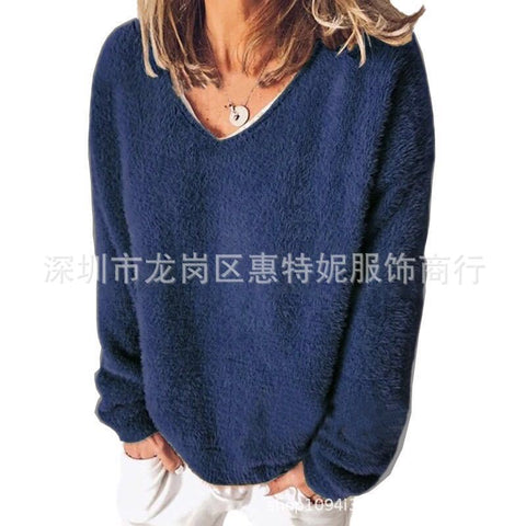 Autumn women's new v-neck long-sleeved loose casual sweater fleece shirt m302117