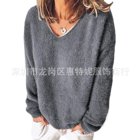 Autumn women's new v-neck long-sleeved loose casual sweater fleece shirt m302117