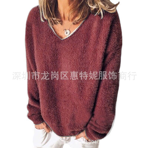 Autumn women's new v-neck long-sleeved loose casual sweater fleece shirt m302117