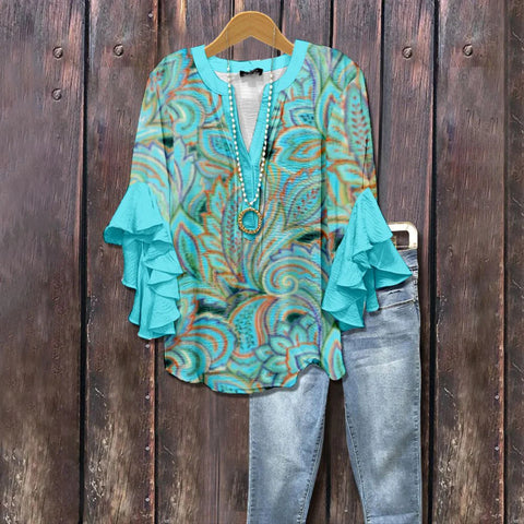 V-neck lotus edge T-shirt loose print women's T-shirt m301353