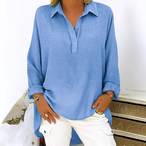 Solid color casual loose long-sleeved Tencel bamboo V-neck shirt m302096