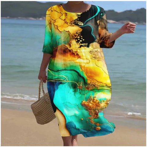 Loose Crew Neck Fashion Premium Long Sleeve Printed Dress m301045
