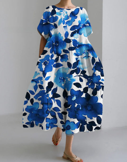 Women's loose crew neck fashion high-end short-sleeved printed dress m301052