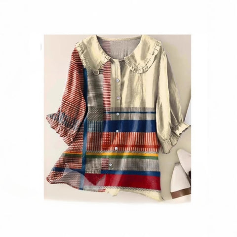 Linglong hemp 3D digital printing abstract, women's long-sleeved buckle lapel shirt m303181