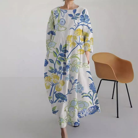 Lockeres Damenkleid mit Rundhalsausschnitt, modisches High-End-Langarm-Print m301049