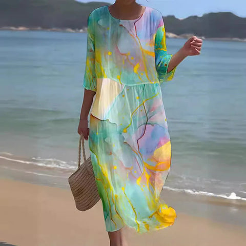 Loose Crew Neck Fashion Premium Long Sleeve Printed Dress m301045