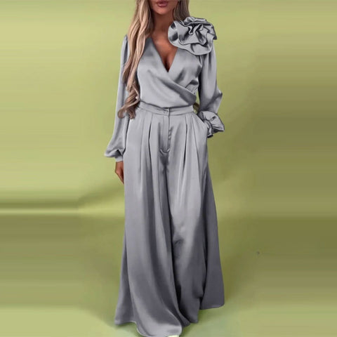 Women's Luxury Elegant V-Neck Satin Long Sleeve Top Wide Leg Pants Set m302514