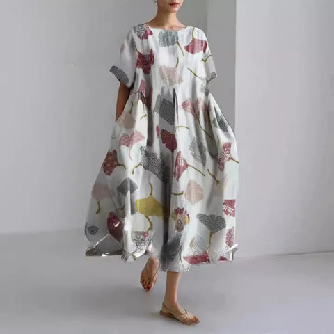 Women's loose crew neck fashion high-end short-sleeved printed dress m301052