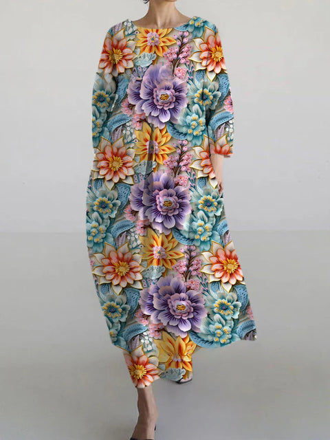 Lockeres Damenkleid mit Rundhalsausschnitt, modisches High-End-Langarm-Print m301049