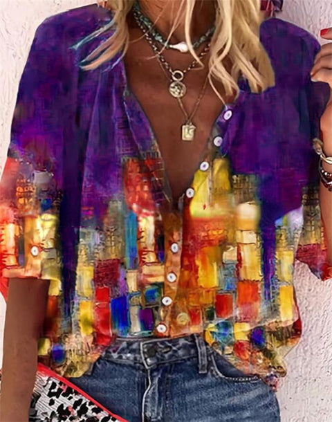 Color Block V Neckline Half Sleeve Blouses m161504887 (5825578)