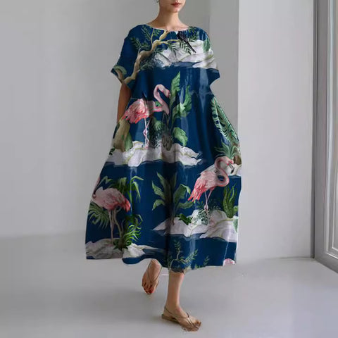 Lockeres Damenkleid mit Rundhalsausschnitt, modisches High-End-Kleid mit kurzen Ärmeln und Print m301052