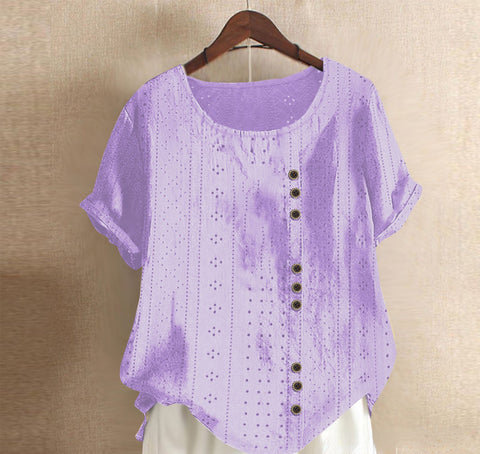 Summer Women's Solid Button Palace Lock Loose Short sleeved Round Neck Top m300046