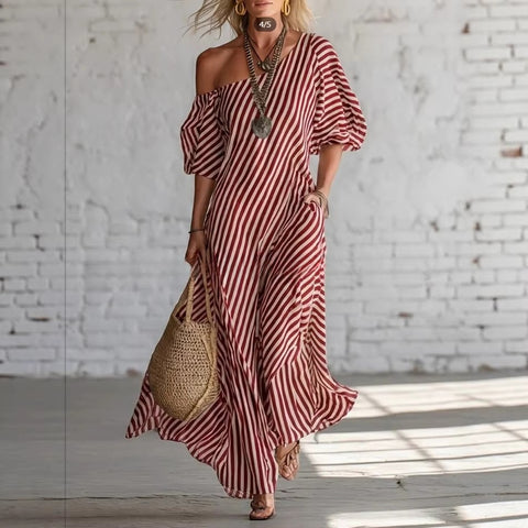 Summer new printing elegant classic striped off-the-shoulder dress m302357