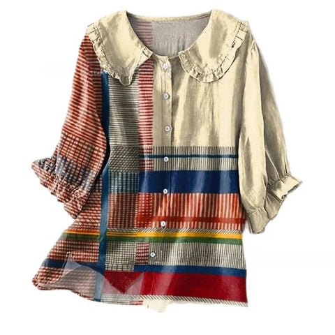 Linglong hemp 3D digital printing abstract, women's long-sleeved buckle lapel shirt m303181