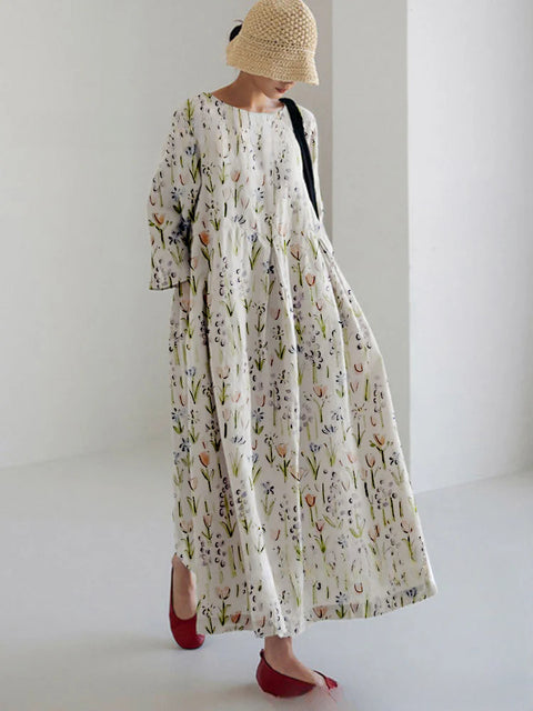Loose crew neck fashion high-end long-sleeved printed dress m301054