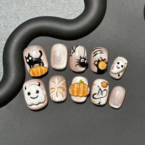 Wearing handmade cartoon three-dimensional cute pumpkin manicure patch hand-painted student funny nails m3331218
