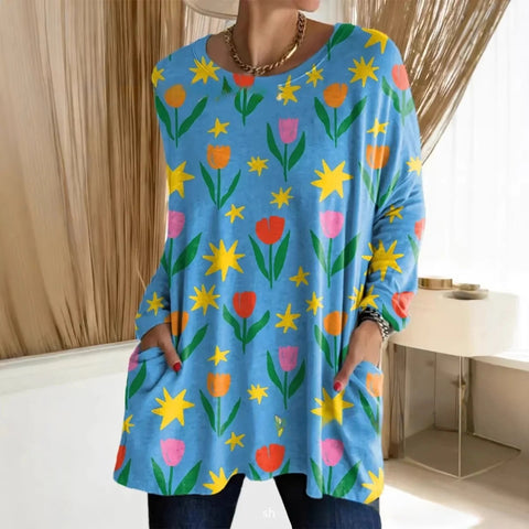 3D printed women's new medium and long pocket round neck pullover fashion T-shirt m303192