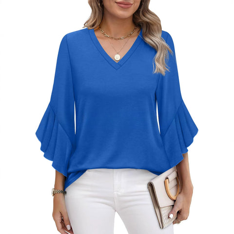 Solid color knitted printed V-neck ruffle edge seven-quarter sleeve loose top m301522