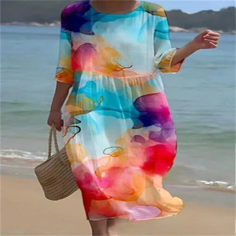 Loose Crew Neck Fashion Premium Long Sleeve Printed Dress m301045