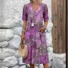 European and American new printed summer V-neck casual vacation pocket dress m301600
