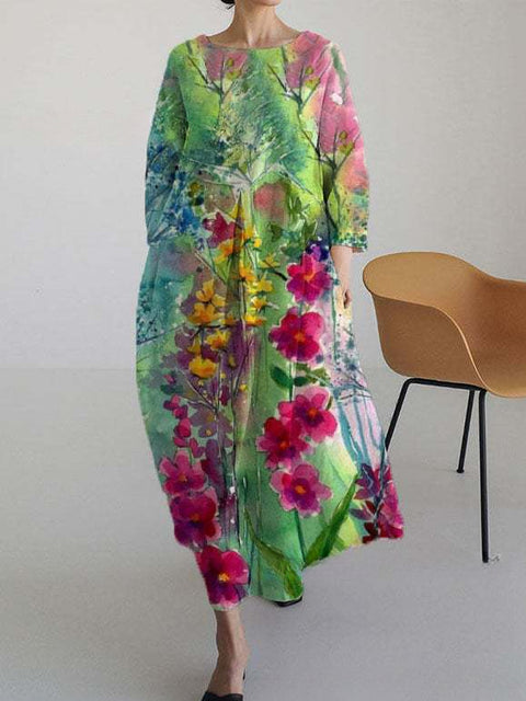 Women's loose crew neck fashion high-end long-sleeved printed dress m301049