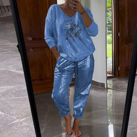 Women's Long Sleeve Printed Top Pants Set of Two M302301