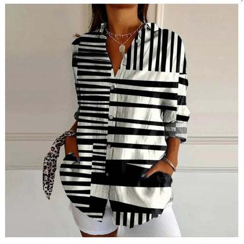 3D digital printing abstract pattern women's long-sleeved buckle linen shirt m301277