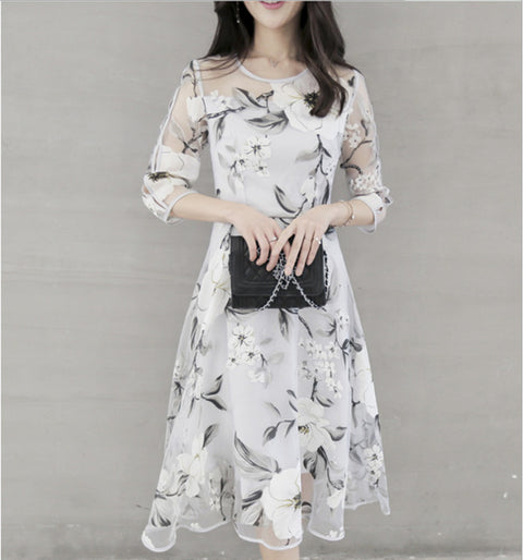 Eugen yarn seven-quarter sleeve crew neck fashion medium and long women's big swing skirt FF303506