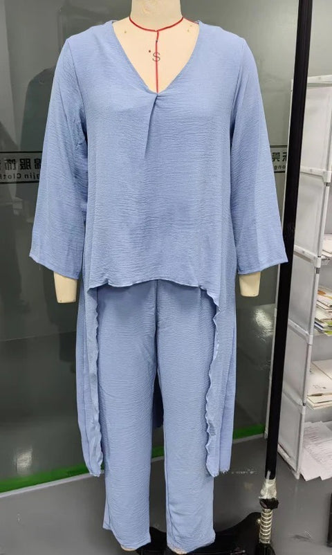 Women's summer pocket V-neck 2-piece set solid color loose women's clothing m302332