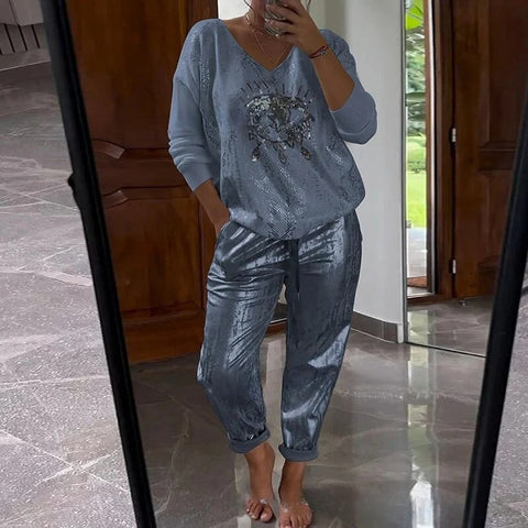 Women's Long Sleeve Printed Top Pants Set of Two M302301