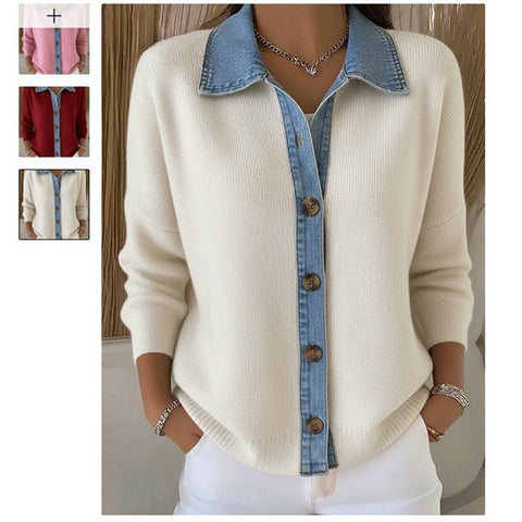 Unique denim splicing collar cardigan women's spring sweater small shirt slim long-sleeved top m302110