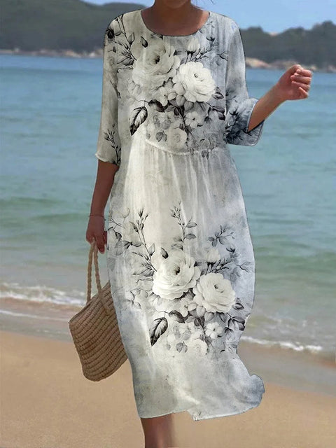 Loose Crew Neck Fashion Premium Long Sleeve Printed Dress m301045