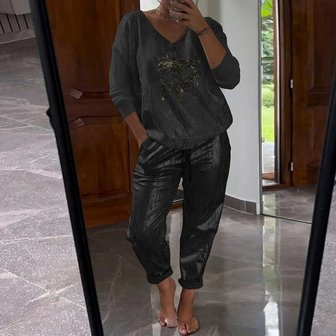 Women's Long Sleeve Printed Top Pants Set of Two M302301