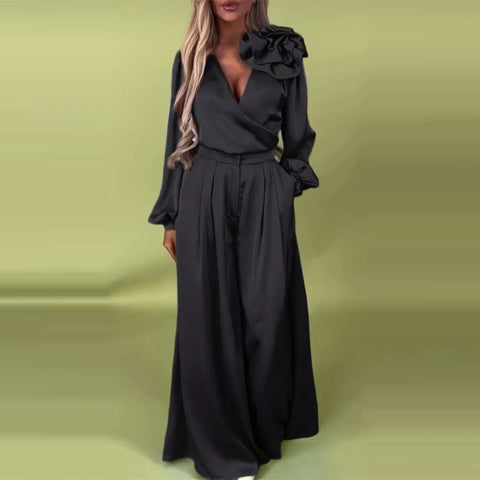 Women's Luxury Elegant V-Neck Satin Long Sleeve Top Wide Leg Pants Set m302514